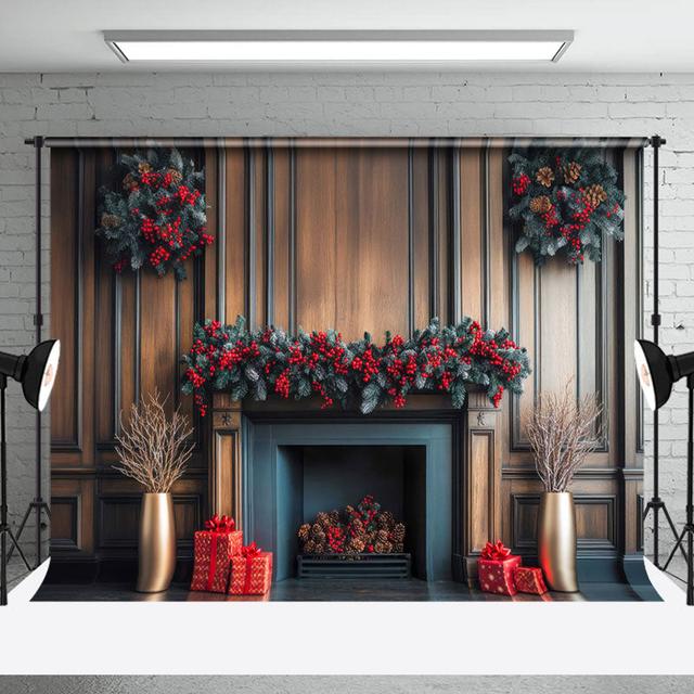 Aperturee Poinsettia Fireplace Winter Christmas Photo Backdrop | Xmas Backdrop | Christmas Background Photography | Christmas Photo Booth Backdrop