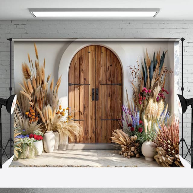 Aperturee Spring Boho Floral Retro Wooden Door Photo Backdrop | Photo Studio Background | Backdrop Photography Ideas | Photo Booth Background
