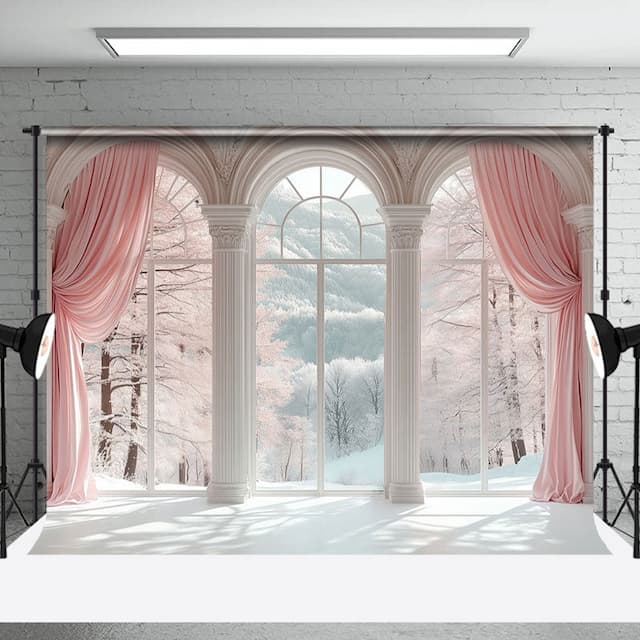 Aperturee Pink Curtain Forest White Arch Window Photo Backdrop | Winter Onederland Backdrop | Winter Photo Backdrop | Winter Wonderland Photo Backdrop